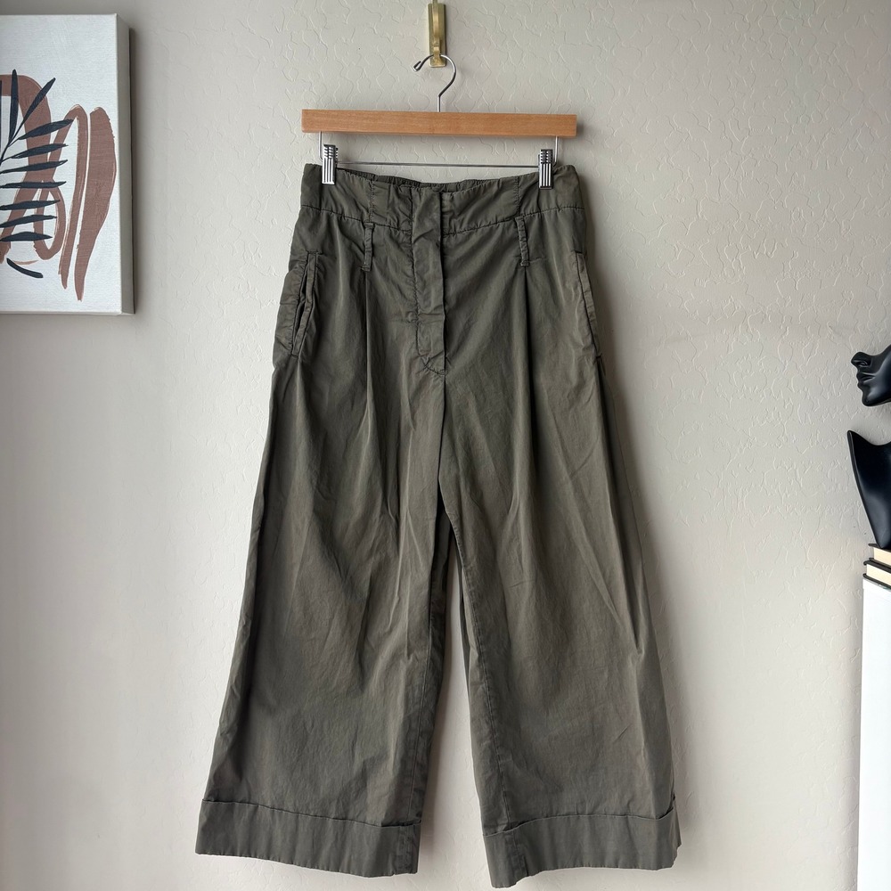 Brunello Cucinelli Pants Olive Green Cotton Wide Leg Cropped Pants Size 2